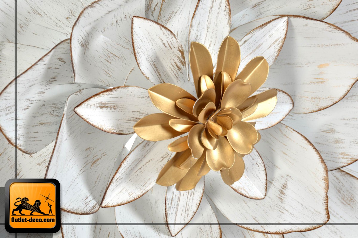 Adorno Decorativo Placa Pared Flores en Metal Blanco y Dorado, Cuadro  Decoración Mural Elegante, 100 cm