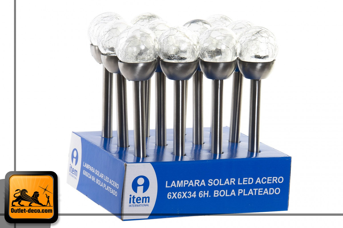 LAMPARA SOLAR LED ACERO 6X6X34 6H. BOLA PLATEADO